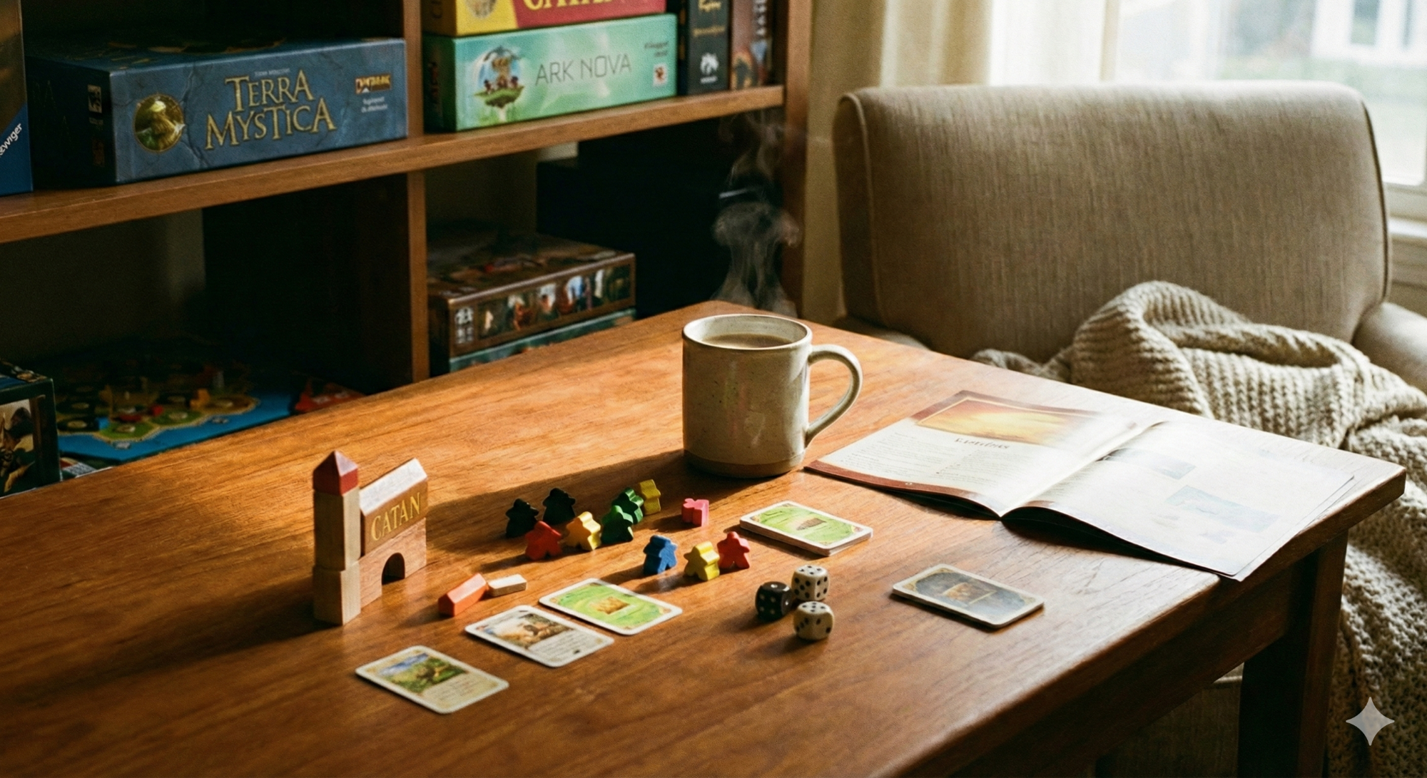 カタンやアークノヴァなどのボードゲームとコーヒーが置かれたデスク